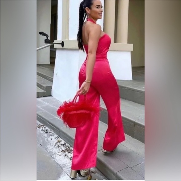 Zara XS satin effect pink halter size leg jumpsuit romper